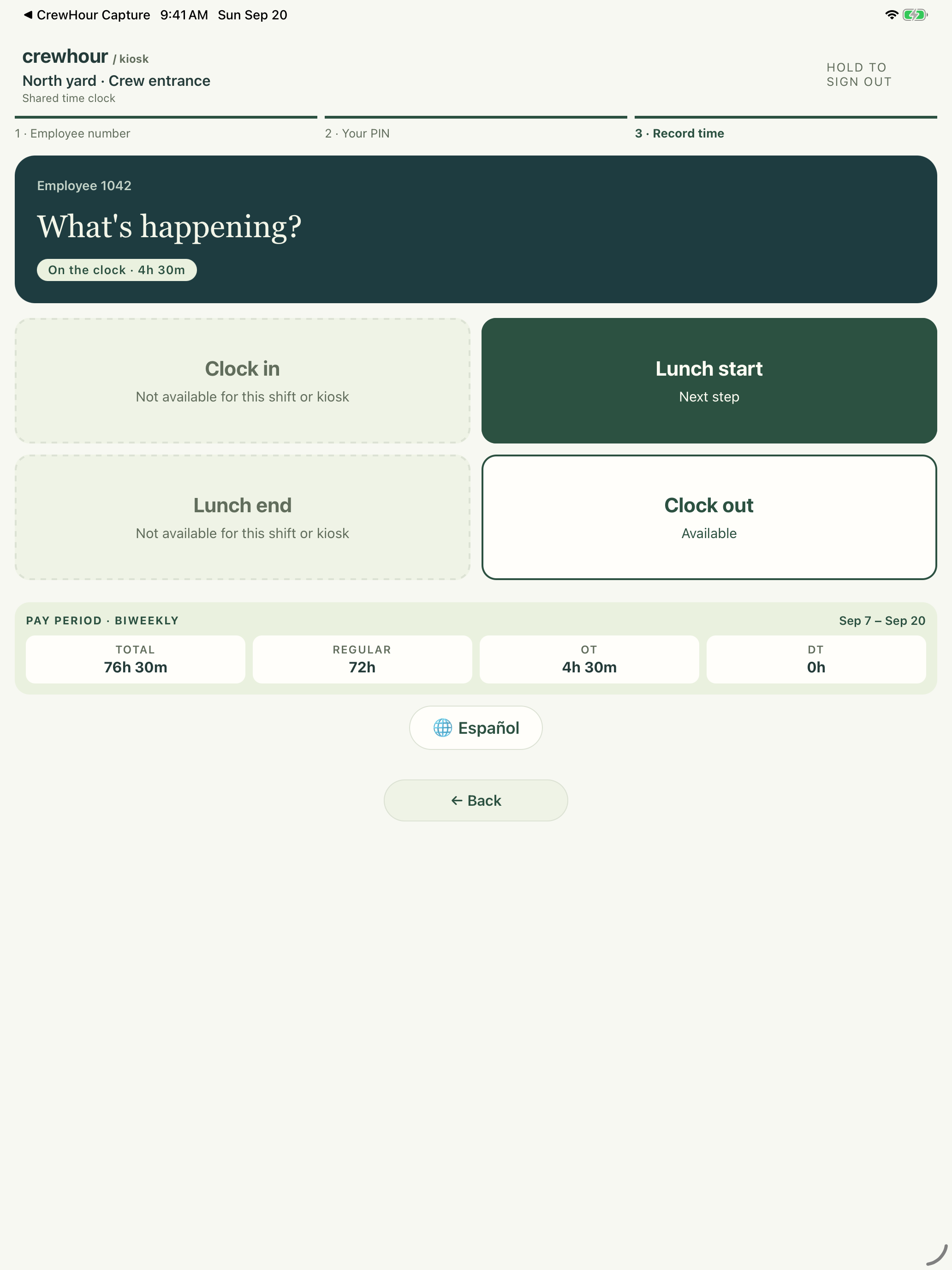 CrewHour kiosk punch actions with language switch