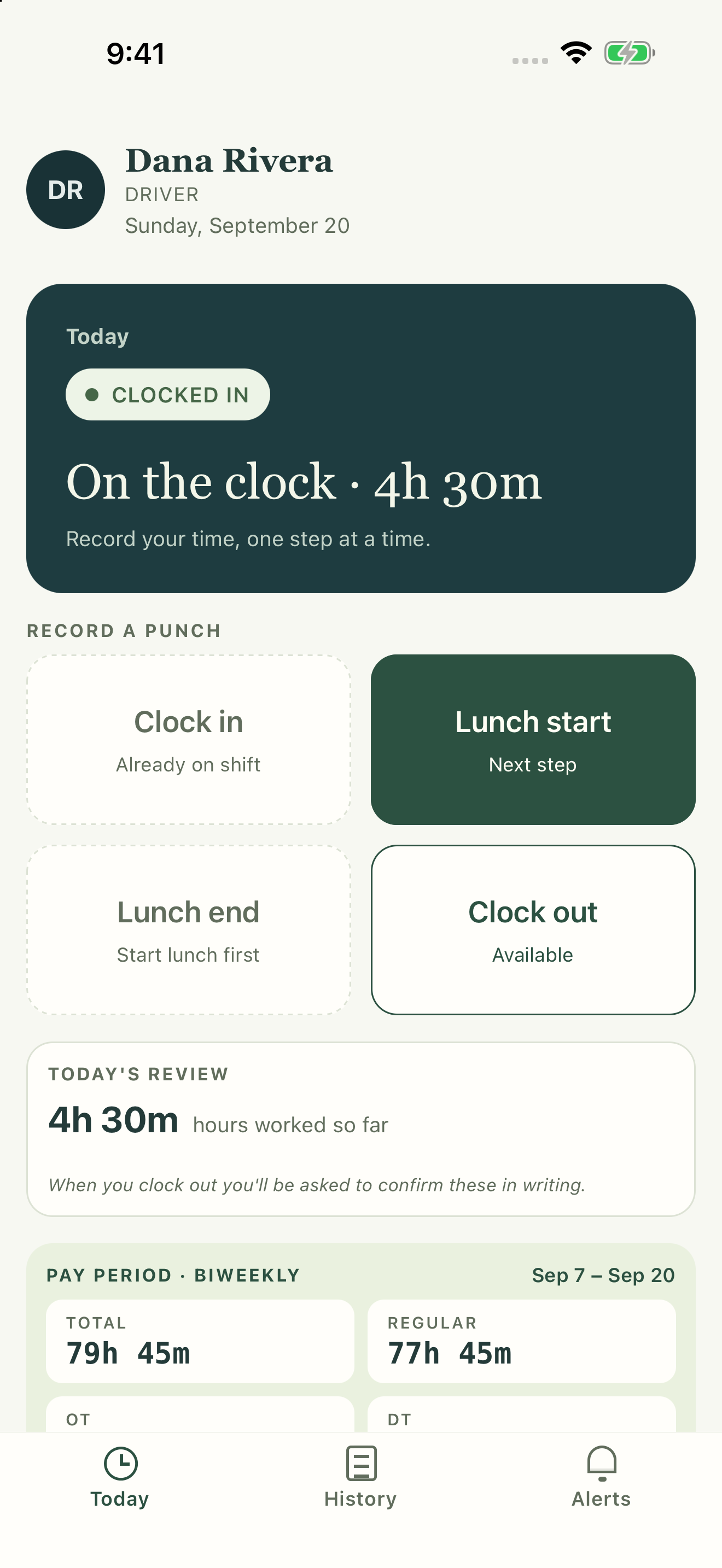 CrewHour mobile Today screen with lunch start and clock-out actions