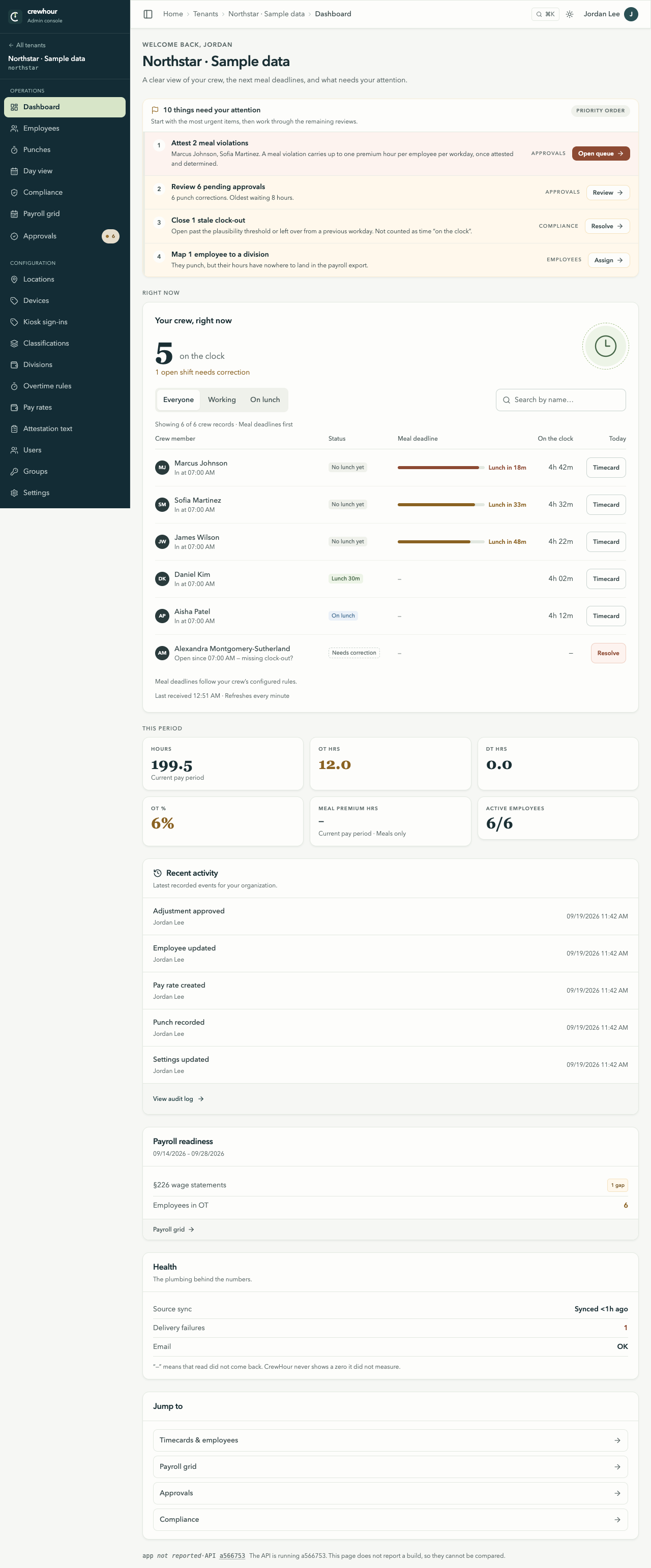 CrewHour web dashboard showing a sample roster, meal deadlines, and approvals